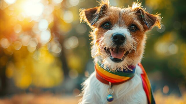 Happy Dog Wearing Rainbow Bandana in Sunlit Park