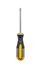 Screwdriver tool isolated, screw driver white. Maintenance work repair background mechanic hardware. Home carpenter yellow service business slot fix black. Close long electric store toolkit handle