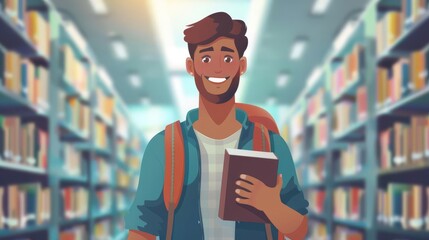 cheerful male international student with backpack studying at university library education concept blurred background illustration