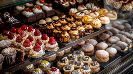 Wall Mural - A variety of gourmet cupcakes fill a display case, enticing customers with an assortment of flavors and decorations