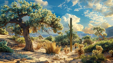 Stunning desert landscape with diverse cacti and trees under a bright blue sky with scattered clouds. Perfect for nature and scenic stock photos.