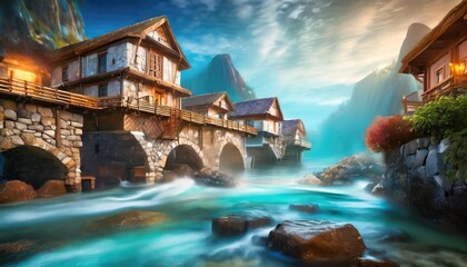 An underwater village with stone buildings and flowing sea currents.