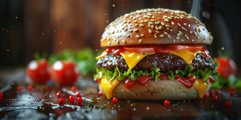Wall Mural - Juicy cheeseburger with toppings, ideal for fast food advertising.