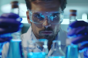 scientist in laboratory analyzing blue substance in beaker