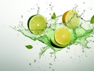 Wall Mural - sparkling water with green limes flying, splash transparent water, white background