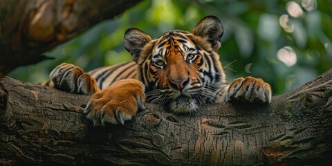 Wall Mural - Tiger on a tree in the green jungle of central India