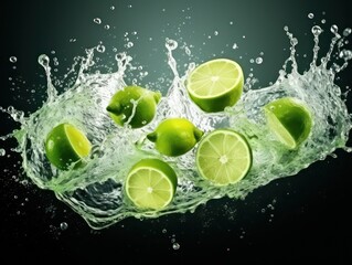 Wall Mural - sparkling water with green limes flying, splash transparent water, dark background