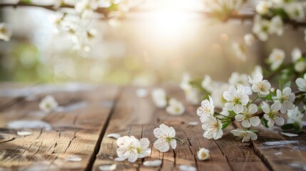 Wall Mural - white blossoms and soft brown wooden table flooring, cherries tree flowers, spring and summer background