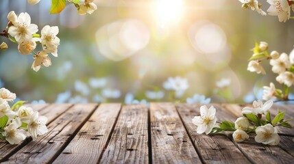 Wall Mural - white blossoms and soft brown wooden table flooring, cherries tree flowers, spring and summer background