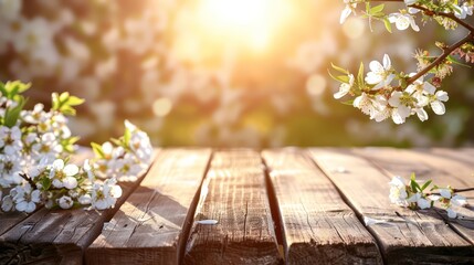 Wall Mural - white blossoms and soft brown wooden table flooring, cherries tree flowers, spring and summer background