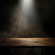 © Bingbing - spotlight on a brown empty wooden table with fog and smoke
