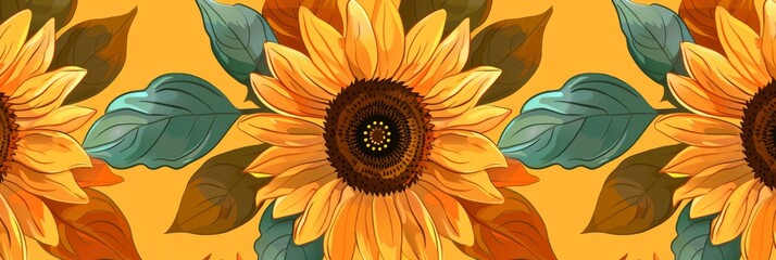 Wall Mural - pattern of sunflowers with circular petals and green leaves set against a vibrant yellow background Generative AI