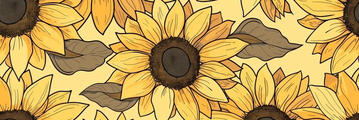 Wall Mural - pattern of sunflowers with a symmetrical and repetitive design in a simple, flat illustration style and vector art texture on a warm yellow background Generative AI