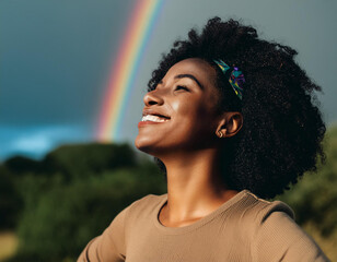 Happy young african american black woman breathing fresh air outdoors with  rainbow in sky