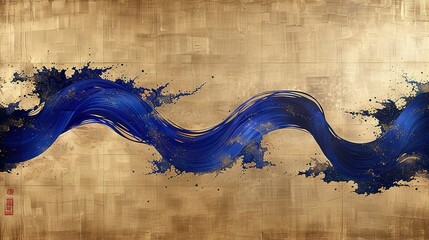 Wall Mural -   A painting depicting a blue wave on a golden background, adorned with a red Chinese calligraphy at its base