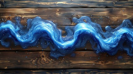   A wavy blue wave on wooden planks with water droplets