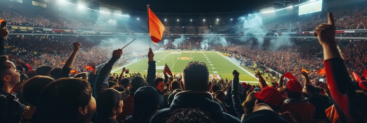 A packed stadium filled with energetic supporters waving flags and banners during a lively football game