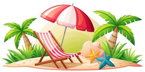 Wall Mural - beach with palm trees Green background, vector image illustration art with summer umbrella and chair on the beach summer background, wallpaper