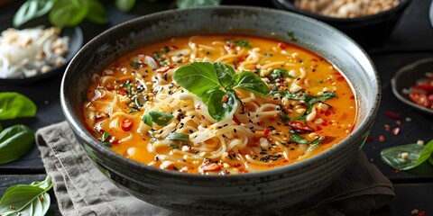 Wall Mural - Thai Noodle Soup: Guay Tiew Reua Recipe with Rice Noodles and Toppings. Concept Thai Cuisine, Noodle Soup Recipes, Guay Tiew Reua, Rice Noodles, Toppings