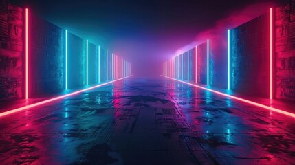Wall Mural - 3d technology abstract neon light background, empty space scene, spotlight, dark night, virtual reality, cyber futuristic sci-fi background, street floor studio for mock up. colored realistic