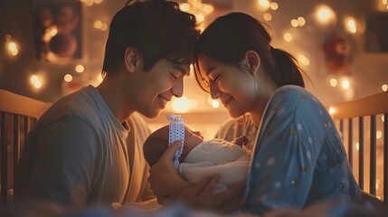 A couple gently placing their newborn into a crib, with a softly lit nursery in the background