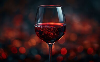 A close-up of a red wine glass with vibrant bokeh background, highlighting the rich color and texture of the wine.