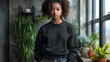 © DZMITRY - Stylish black woman cropped oversized drop shoulder sweatshirt jumper sweater long sleeve mockup template, front and back on transparent background.