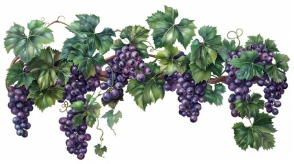 Wall Mural - isolated grapevines with lush green leaves and ripe purple grapes on white background realistic botanical illustration digital illustration