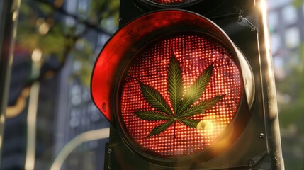 Wall Mural - marijuana prohibition red traffic light with cannabis leaf digital art