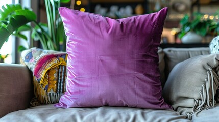 Wall Mural -   A purple pillow sits on a couch beside a potted plant resting atop a wooden table