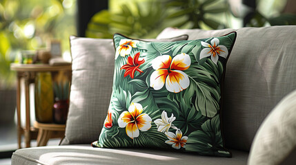 Wall Mural -   A close-up of a cushion on a couch with a vase and potted plant in the backdrop