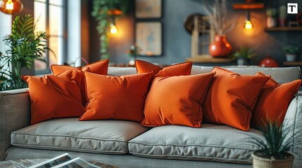 Wall Mural -  A couch with orange pillows is in a room with a potted plant beside it