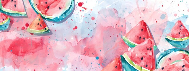 Empty space decorated with ripe watermelon, watercolor texture background. 