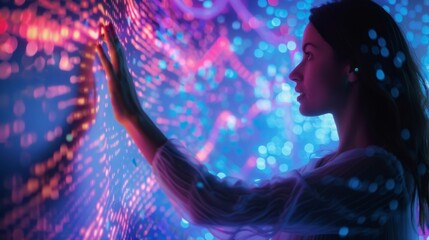 Wall Mural - a woman reaches out to touch a sculpture made of pixels in a virtual reality art gallery.
