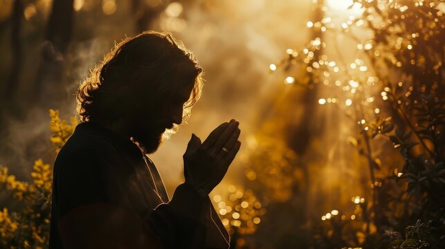 Silhouette of jesus in intense prayer before betrayal and crucifix, gethsemane, prayer ministry