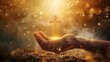 © vetrana - Divine hand of god giving hope, christs cross in background for spiritual inspiration and faith