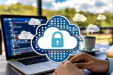Wall Mural - Secure cloud icon on a computer screen with a code editor in the background, emphasizing modern cybersecurity and software development protection