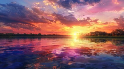 Wall Mural - An image of a vibrant sunset over a serene lake, with colorful reflections shimmering on the water realistic