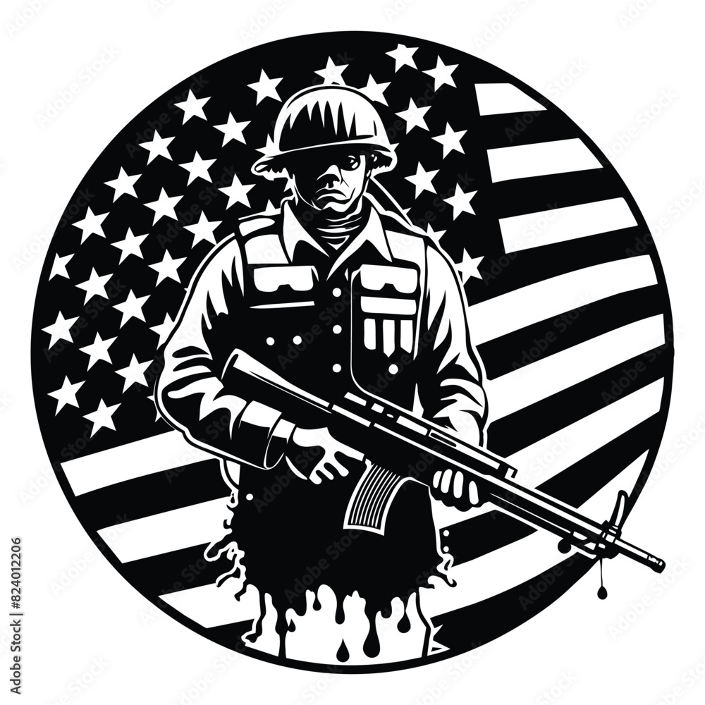 Soldier with American flag black and white color linocut vector ...