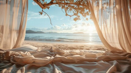 A serene scene viewed through a bed, capturing the tranquil beach and clear skies, inviting relaxation and contemplation.