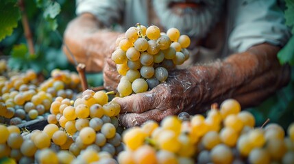 Close up of Worker's Hands Cutting White Grapes from vines during wine harvest in Italian Vineyard. picking the sweet white grape bunches 