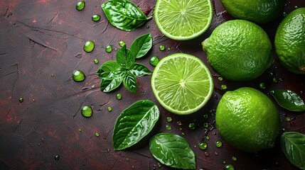   A collection of limes positioned atop a wooden table adjacent to green foliage and a wedge of lime