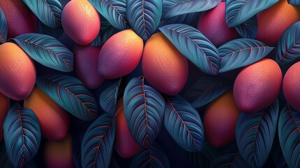 Wall Mural -   A close-up photo of a basket filled with various fruits, with leaves peeking out from beneath