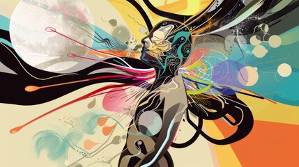Wall Mural - A vibrant artwork showcasing an abstract woman's silhouette against a cosmic backdrop, resonating with themes of femininity and the universe.