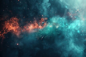 Wall Mural - vibrant teal blue and fiery orange red data visualizations and cascading digital code elements, accented by dust particles for a multi-layered, abstract, technology-inspired design