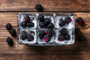 Fresh juicy blackberry and ice cubes on brown wood background. Flat lay, top view. Summer freshness, poster design. 