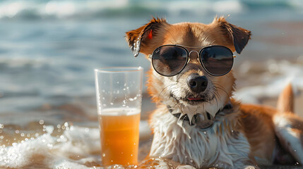 Wall Mural - Dog in sunglasses chilling on sea, summer, 