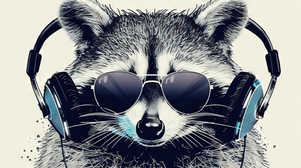 Wall Mural -   A raccoon wearing headphones and sunglasses, with one headphone on its ear and the other pair of sunglasses