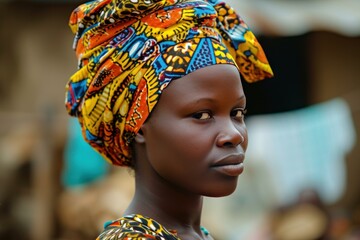 Canvas Print - Close-up of a young african woman wearing a vibrant headwrap with a serene expression