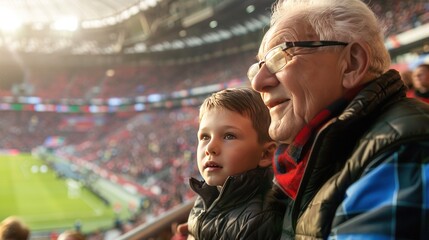 Wall Mural - Grandfather and grandson sit on the stands and watch a football game